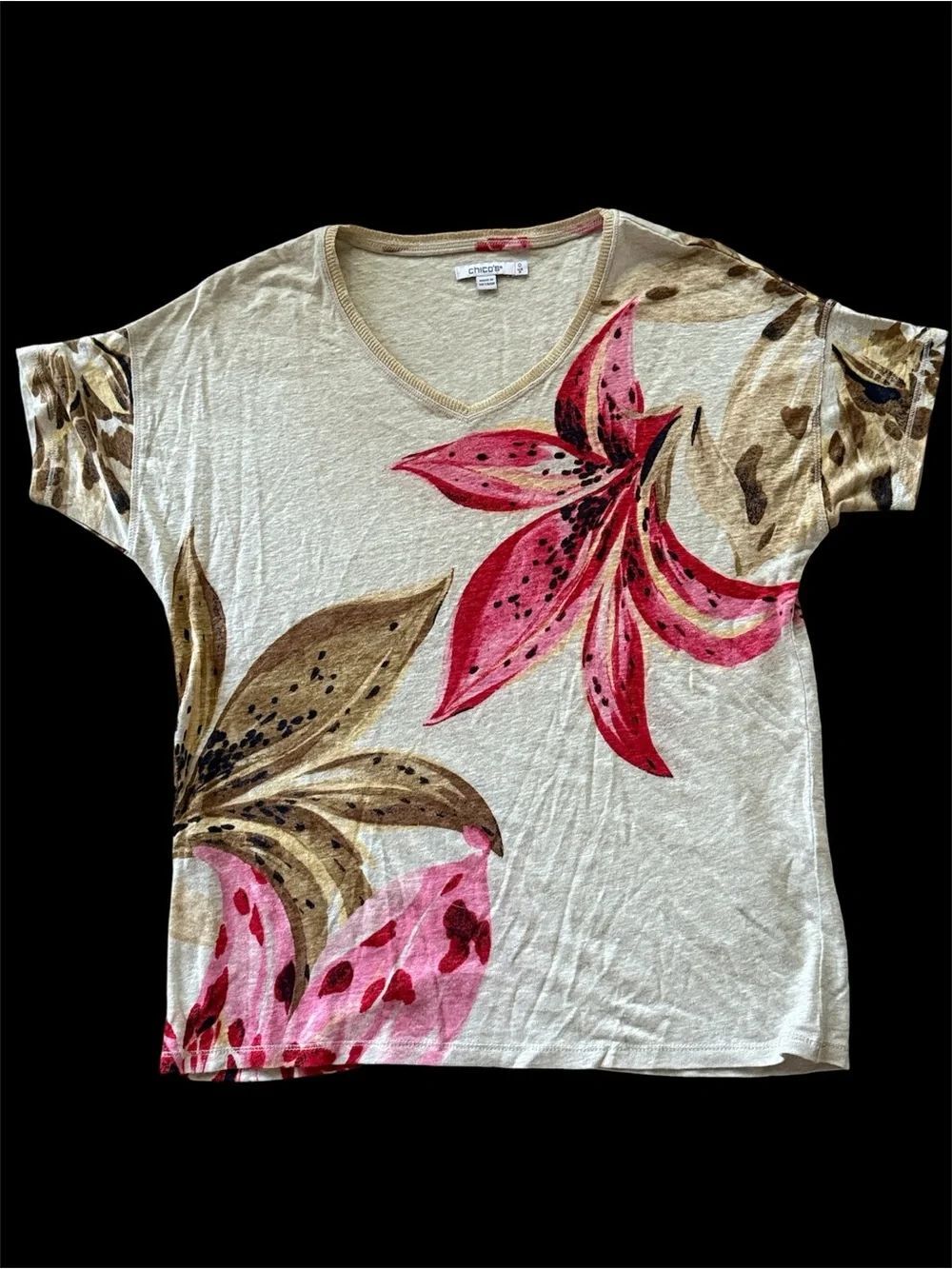 Chico's Cream Linen Tropical Floral Print Top!